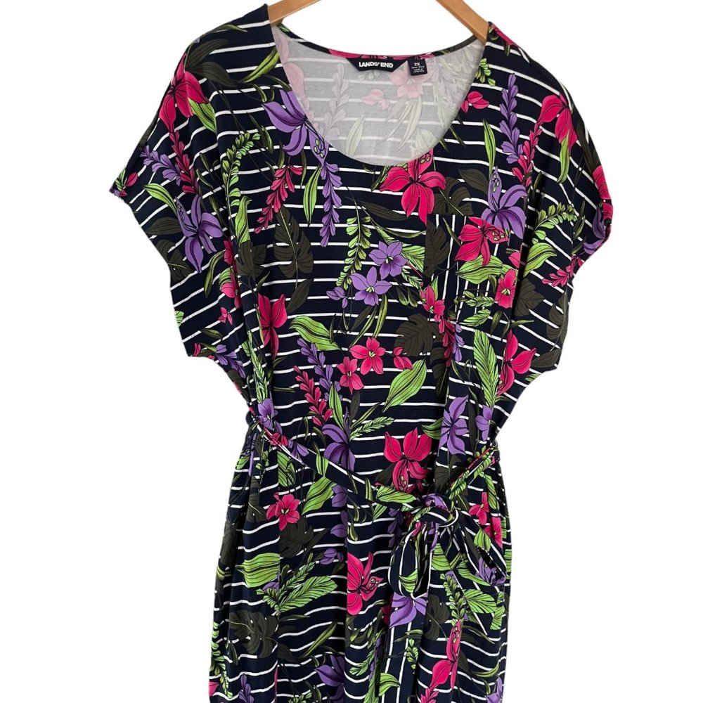 Lands End Tropical Striped Midi Sun Dress 2X 20-22W Navy Blue Floral Tie Front